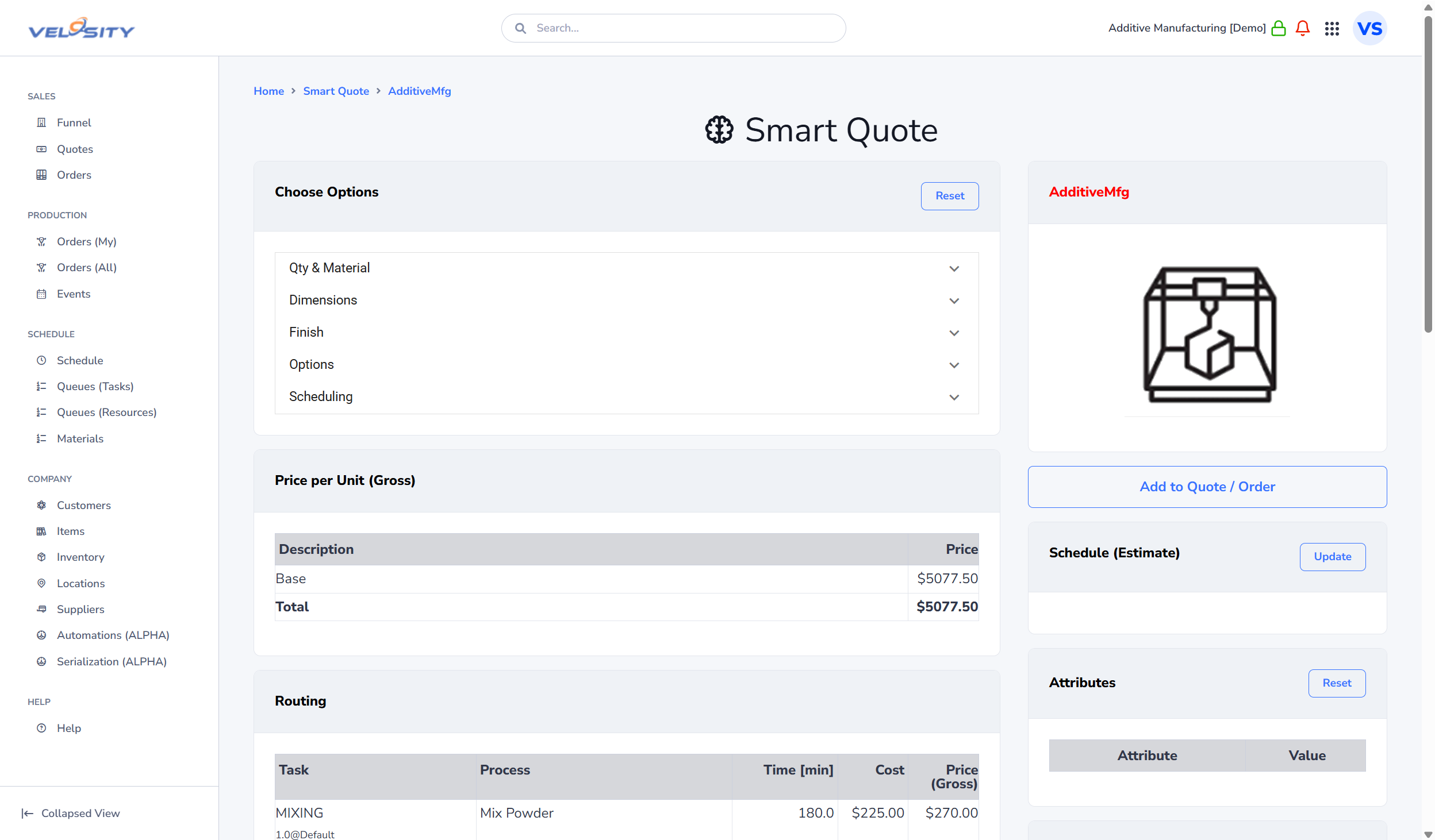 Velosity CPQ guided configuration and quoting